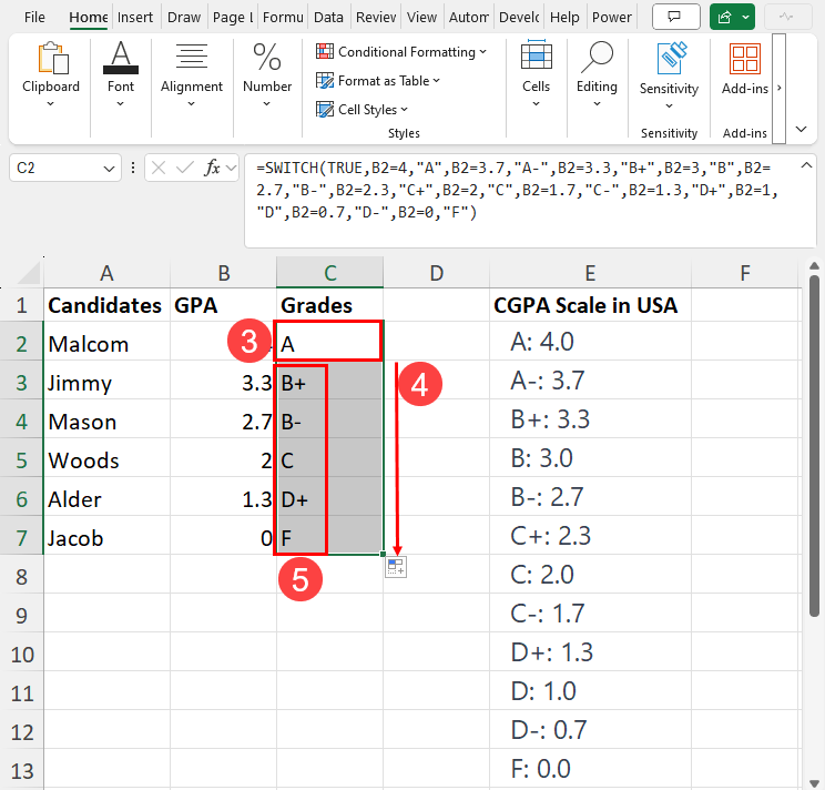 Using SWITCH function to assign letter grades in Excel