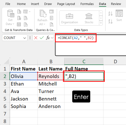 使用 CONCAT 合并 Excel 列