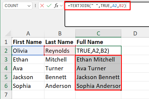 How to combine first and last name in Excel