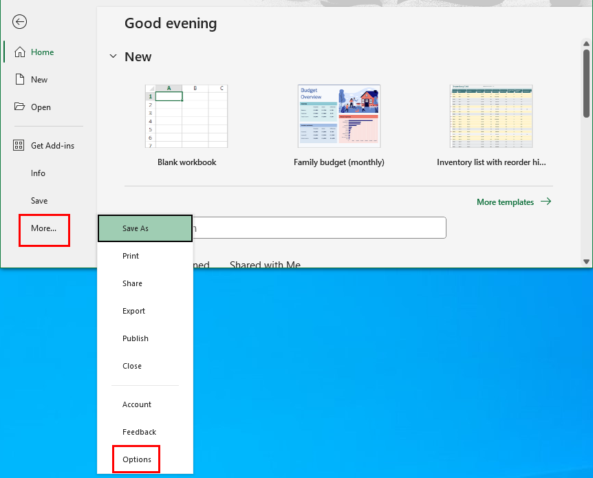 打开 Excel 选项