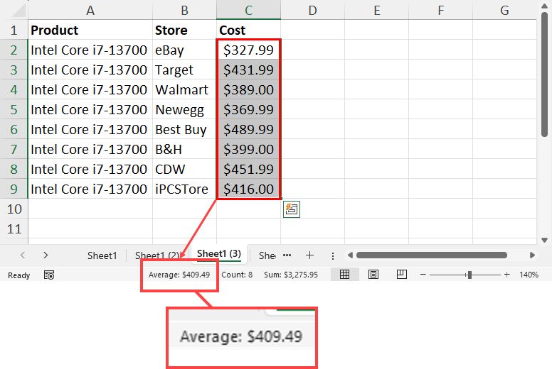 Excel 状态栏上的平均值