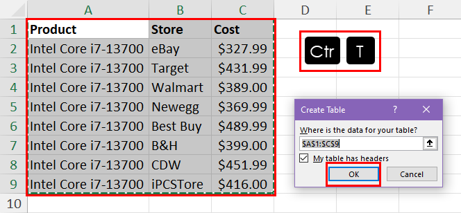 Convert to table