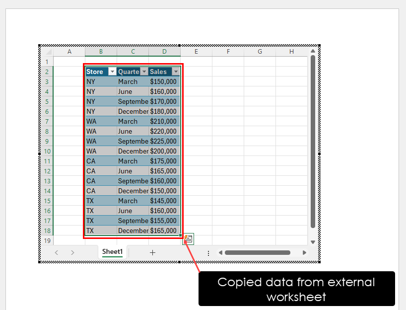 Copying data to attached worksheet