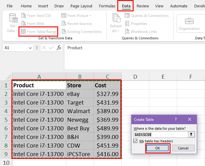 Create table for Power Query