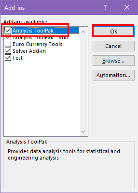 Enabling analysis toolpak