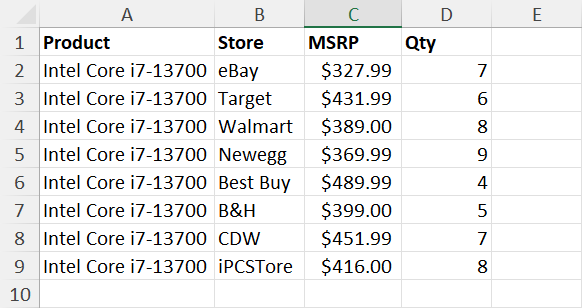 Example data for array formula