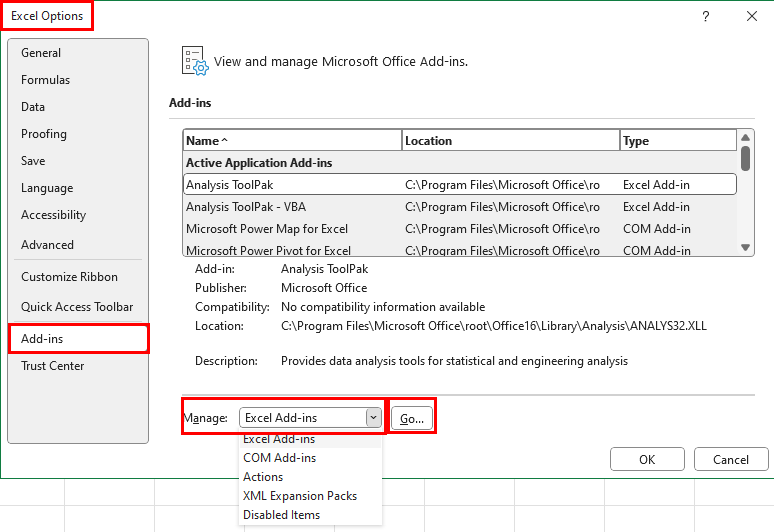 Excel add-ins manage