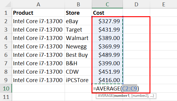 Excel highlights dataset