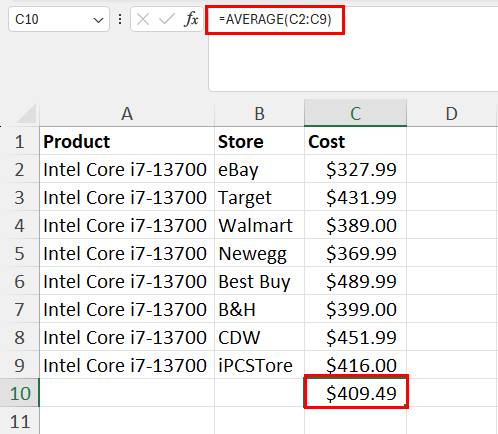 使用自动求和在 Excel 中查找平均值