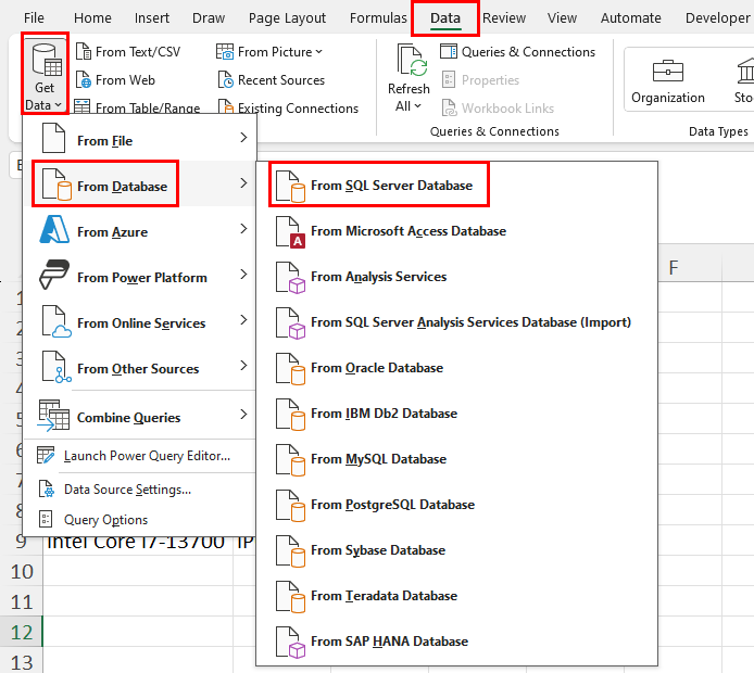 From sql server database