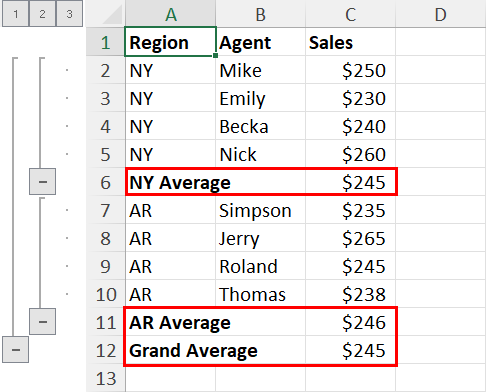 Mean with Excel by Subtotal