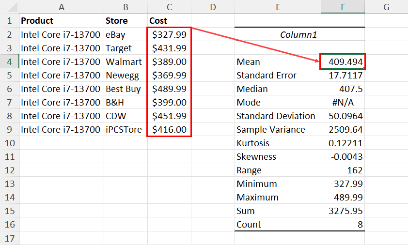 Mean with Excel using Analysis ToolPak