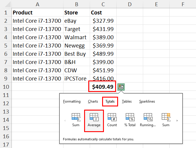 Mean with Excel using QAT