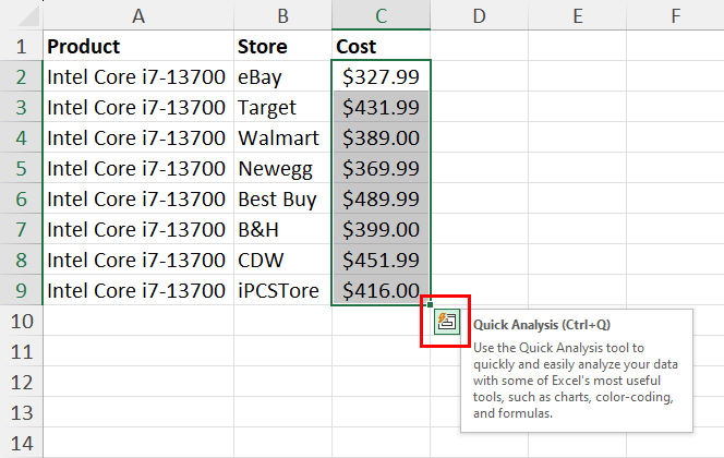 Quick analysis tool icon