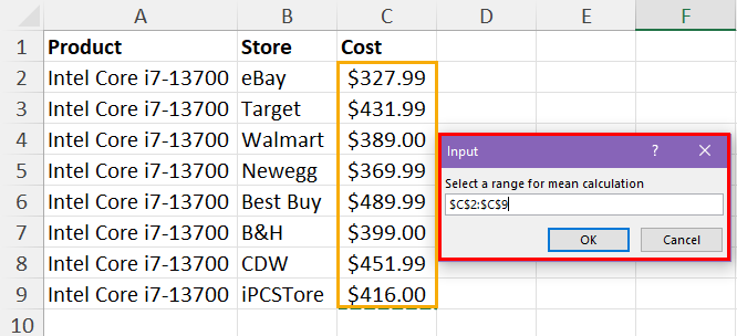 Select a cell range for input dataset