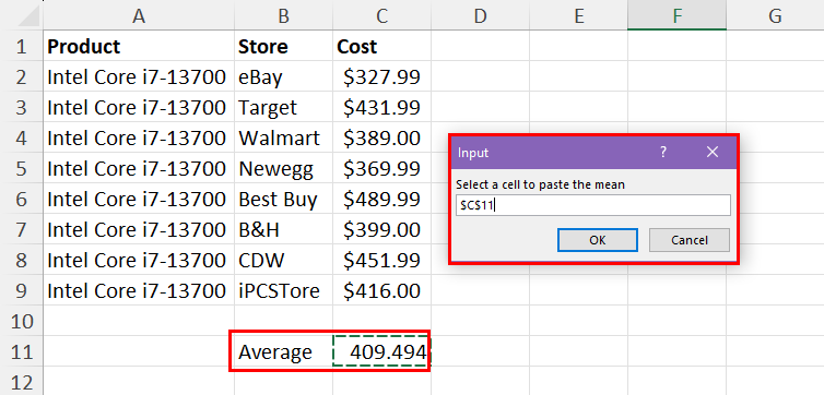 Select a cell range for result