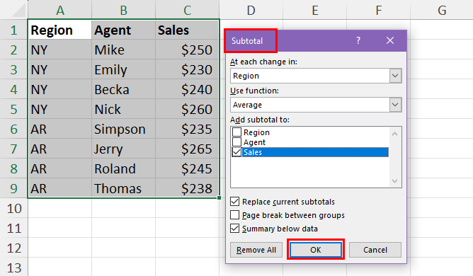 Setting up subtotal dialog