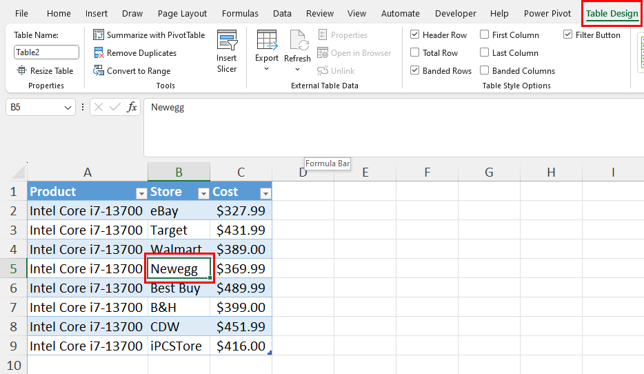 Table design tab