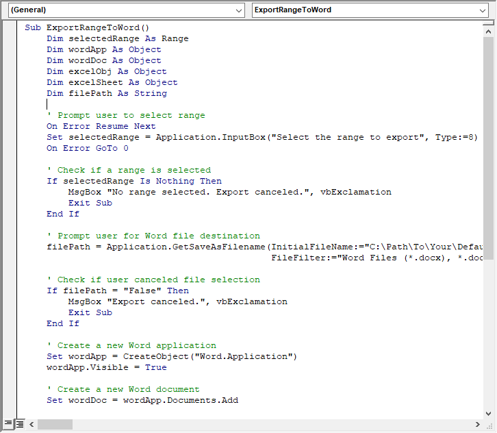 VBA script to export range