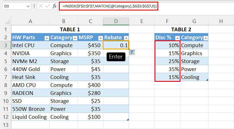 使用 INDEX MATCH 获取折扣