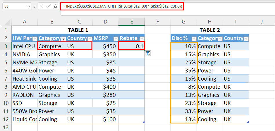 使用 INDEX MATCH 进行双重查找