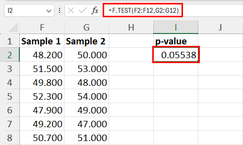 Calculating P-value using F.TEST