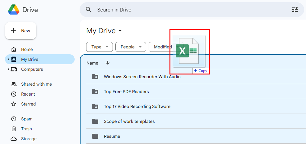 Drag and drop XLSX file on Google Drive