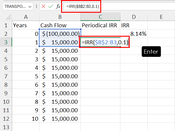 输入个人 IRR 公式