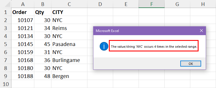 用于计数发生次数的 Excel 对话框