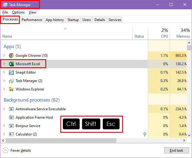 任务管理器上的 Excel 进程