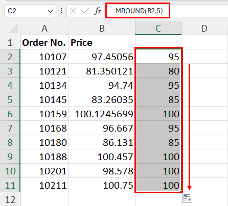 Excel 使用 MROUND 进行舍入