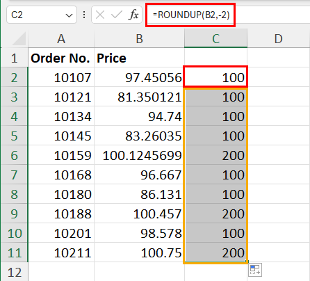 使用 ROUNDUP 获取最接近的百位数