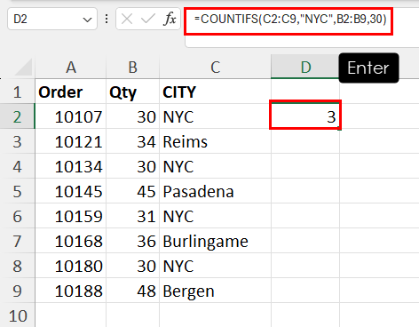 使用 COUNTIFS 查找 NYC 的发生次数