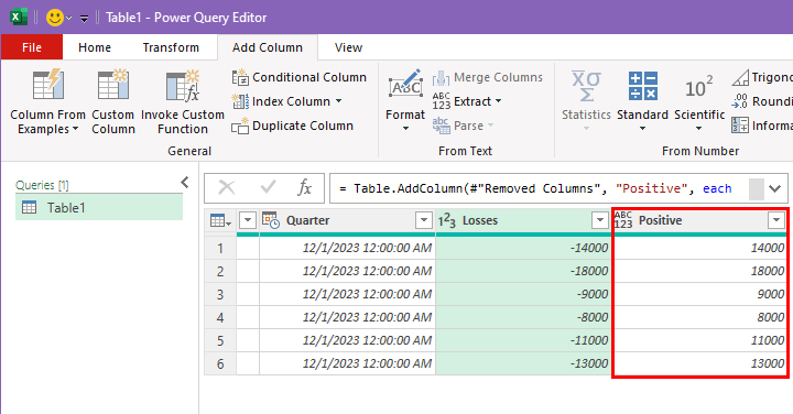 Power Query 中的正值