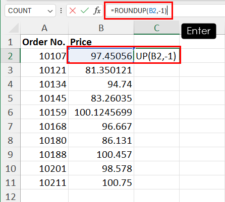 ROUNDUP 函数用于计算最接近十进制