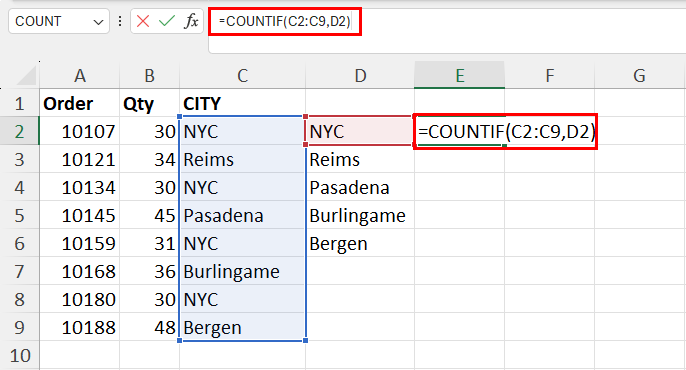 使用 COUNTIF 计算发生次数