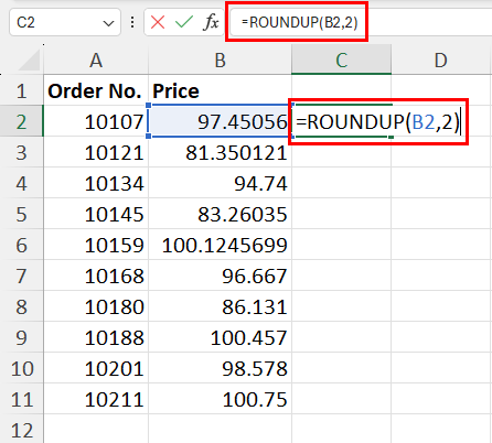 使用 ROUNDUP 函数处理小数