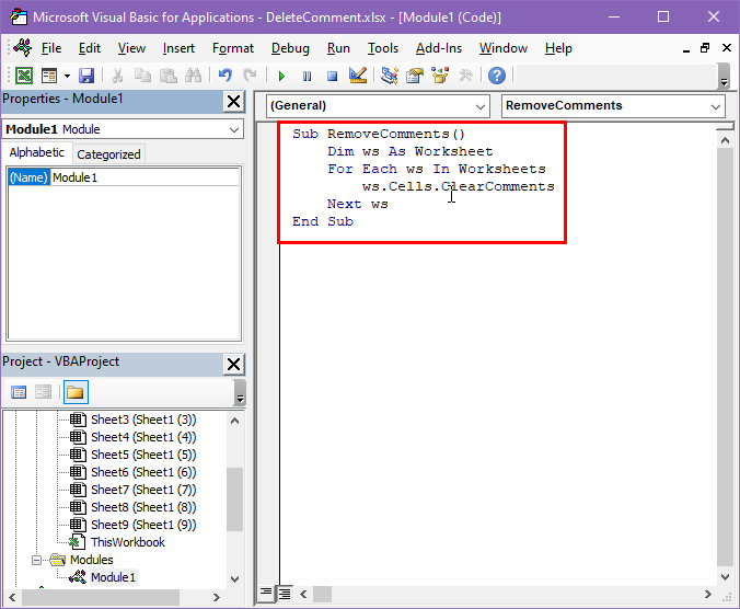 VBA 脚本删除所有工作表中的所有注释