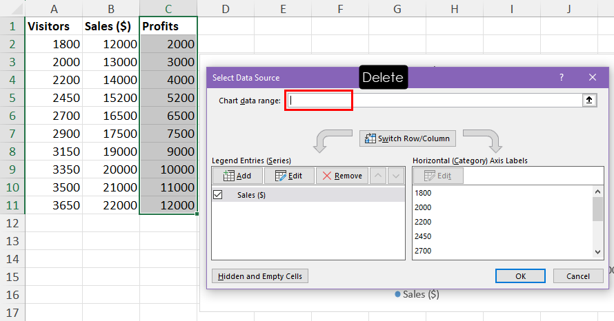 Delete cell range in Chart data range