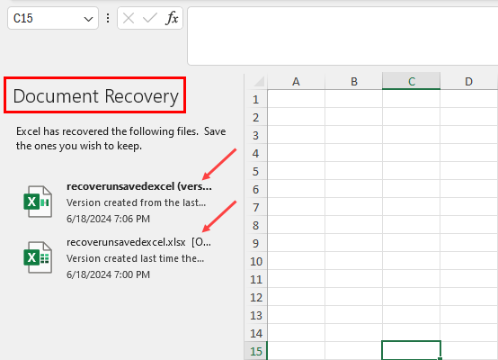 Document Recovery sidebar