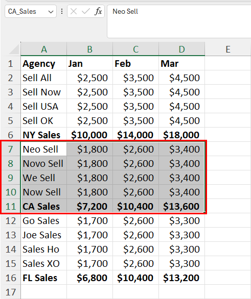 Excel 使用命名范围对行进行分组