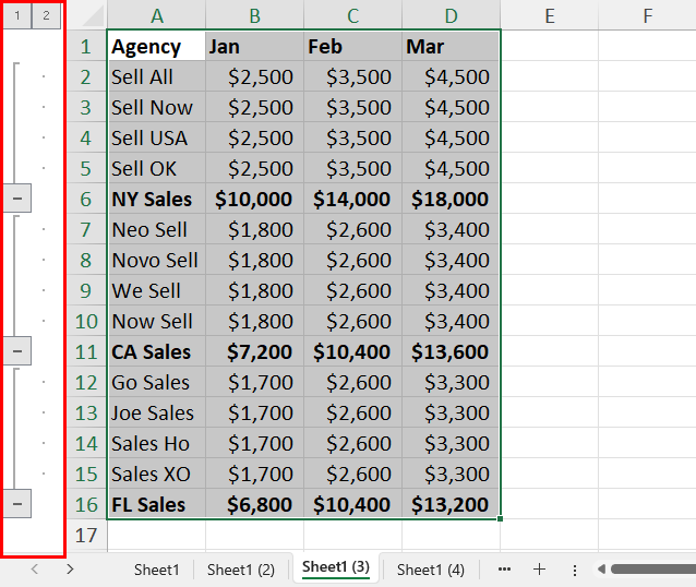 Excel 使用自动大纲对行进行分组