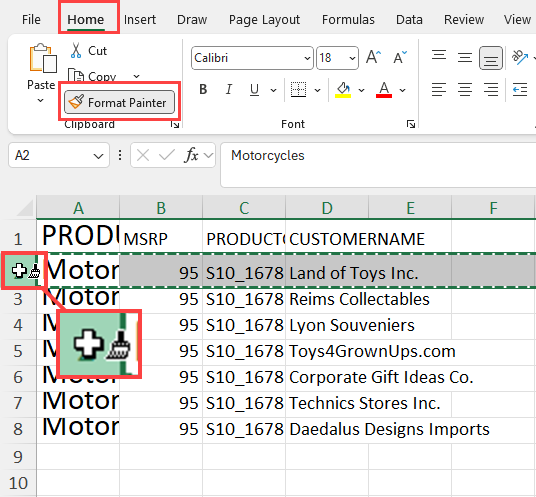 Applied row height using Format Painter