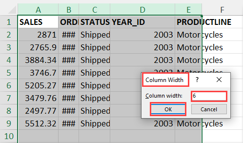 Column Width input box