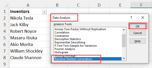 Data Analysis dialog box