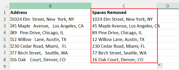 Extra spaces removed using CLEAN and TRIM