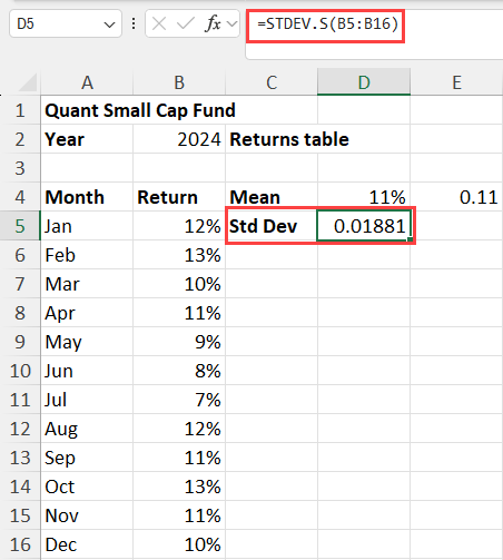 Fetch Std Dev for returns