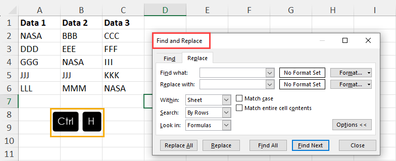Find and Replace dialog