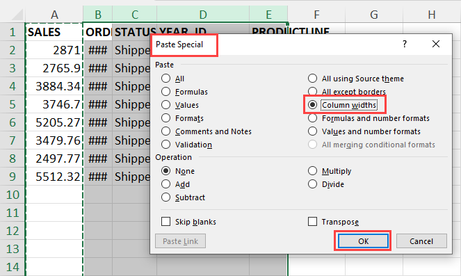 Paste Special dialog box