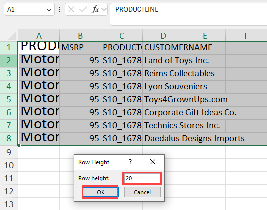 Row Height dialog box